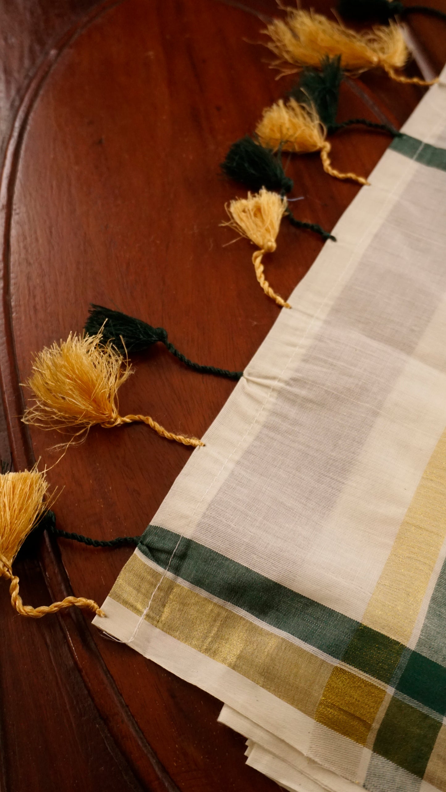Kerala Cotton Saree  Cream & Teal Green Check Border  [MC88]