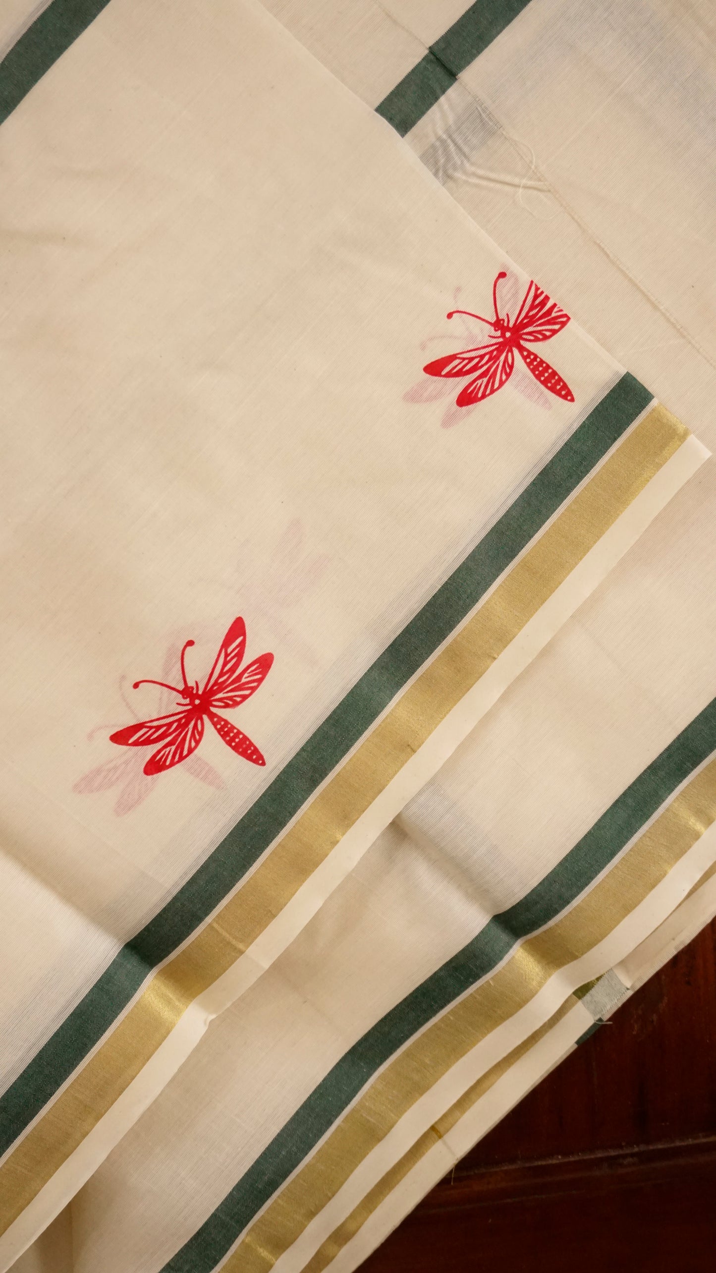 Kerala Cotton Saree  Cream & Teal Green Check Border  [MC88]