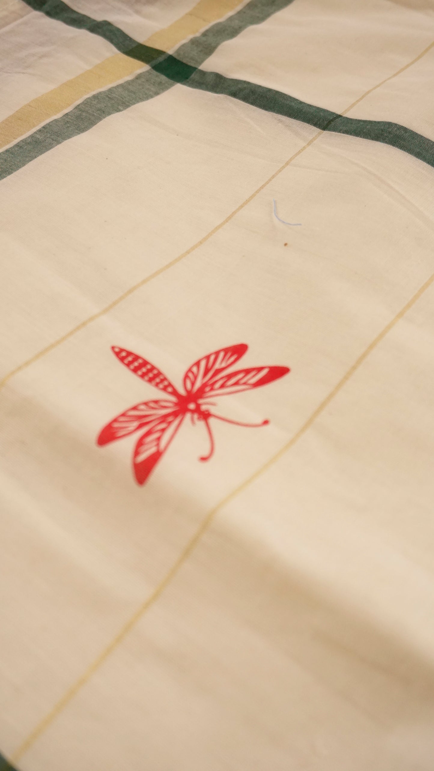 Kerala Cotton Saree  Cream & Teal Green Check Border  [MC88]