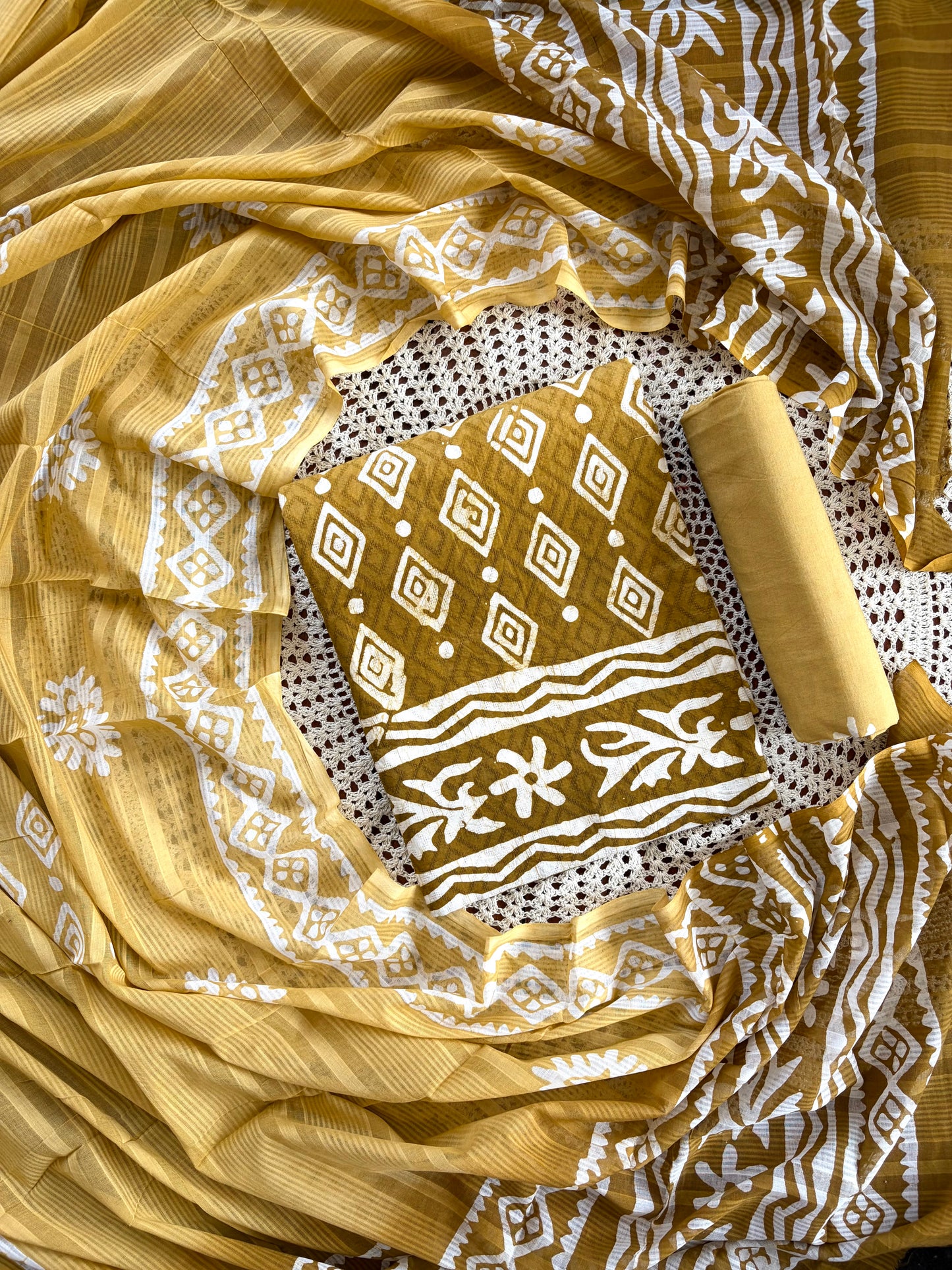 Elegant Mustard Yellow Cotton Unstitched Salwar Set with Printed Dupatta[GUE23]