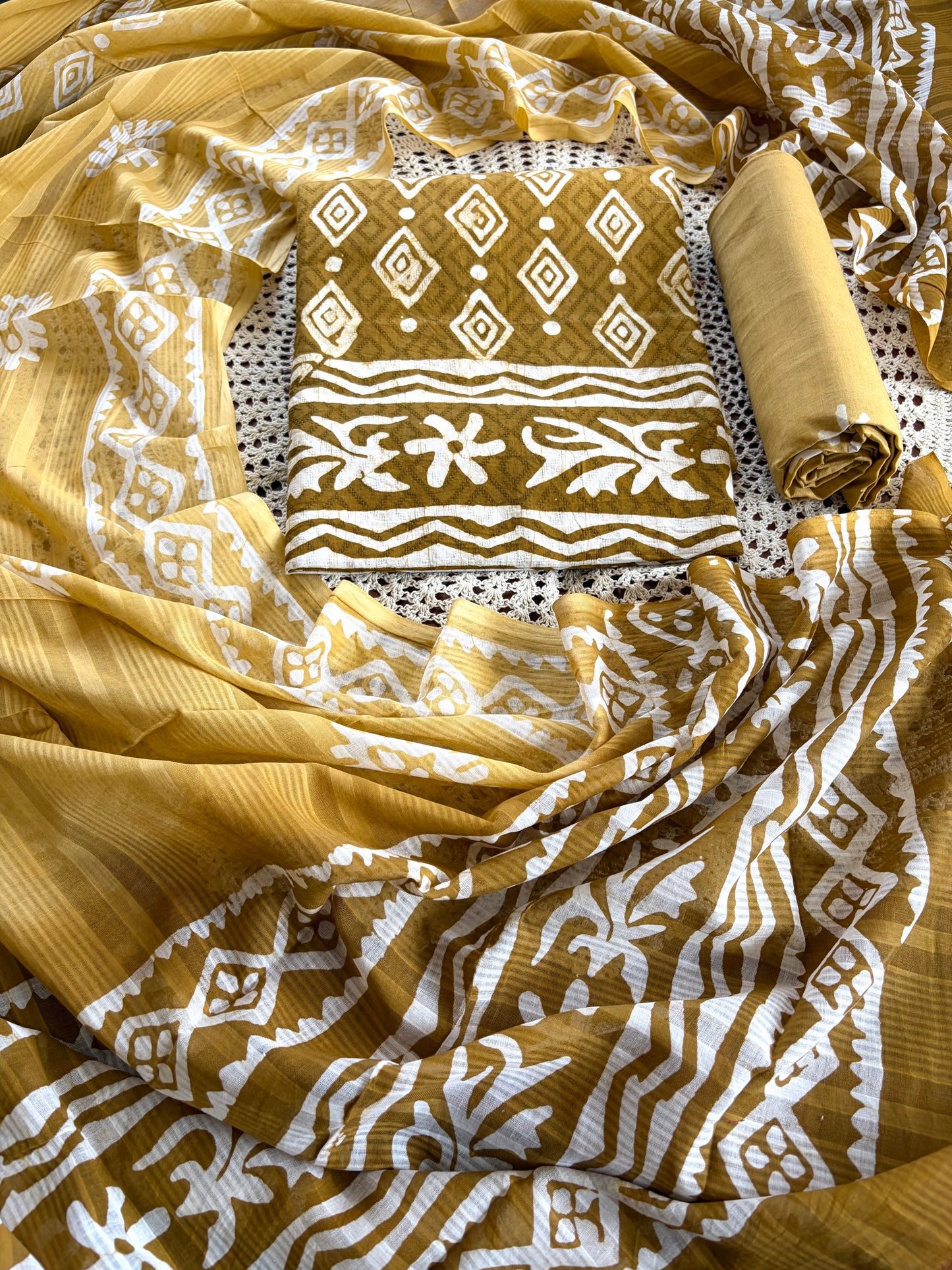 Elegant Mustard Yellow Cotton Unstitched Salwar Set with Printed Dupatta[GUE23]