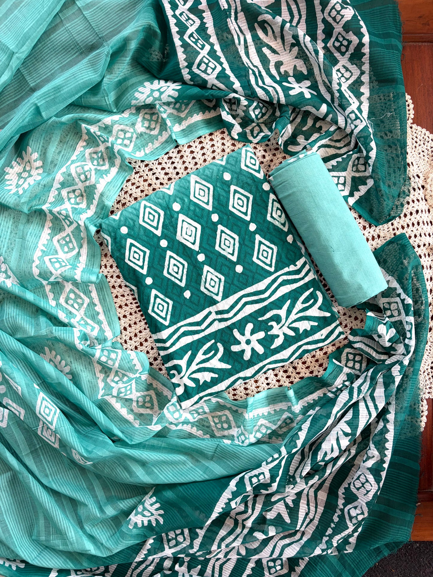 Elegant Teal Green Cotton Unstitched Salwar Set with Printed Dupatta[GUE24]