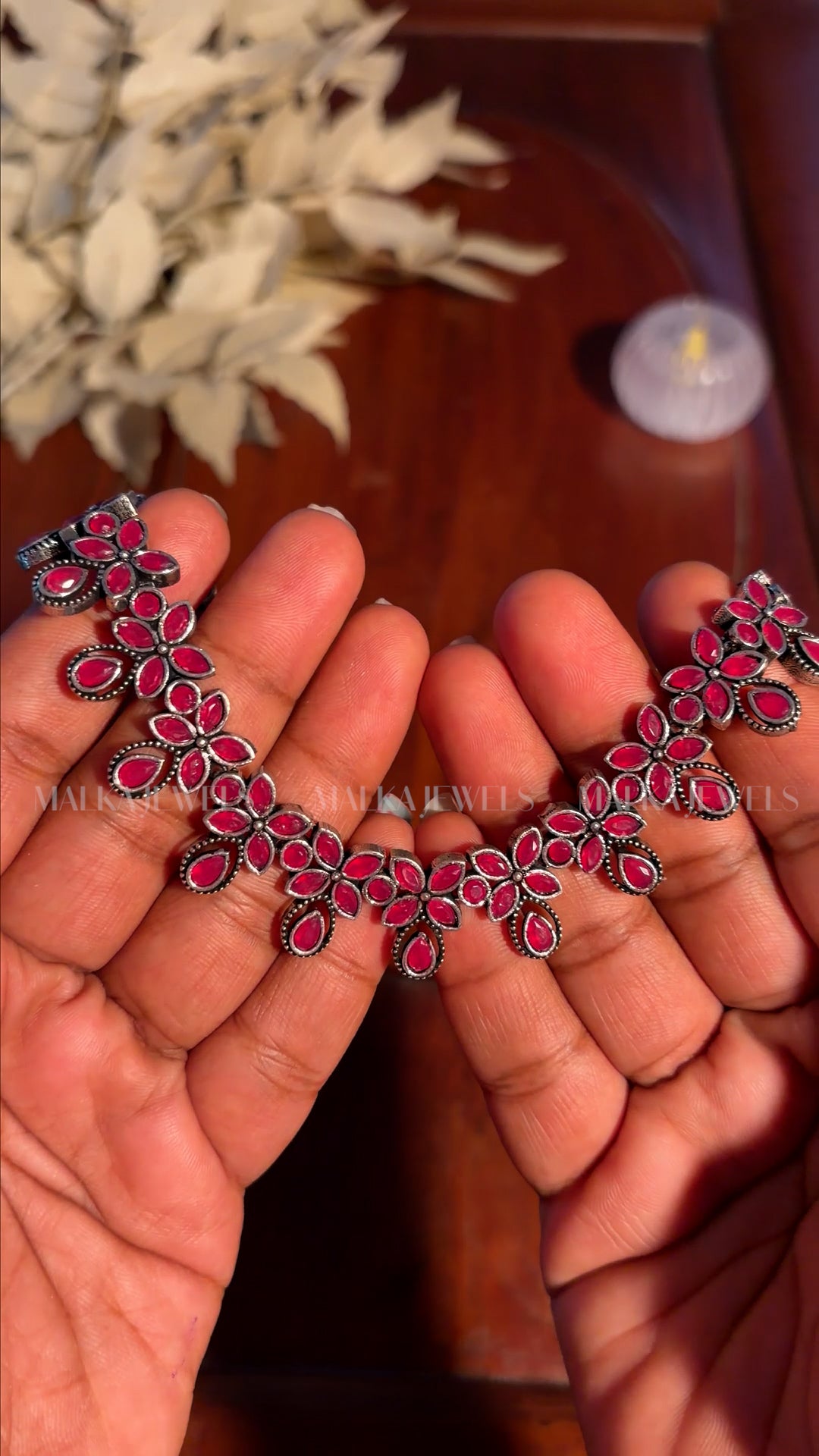 Ruby Floral Oxidised Silver Necklace Set [MK06]