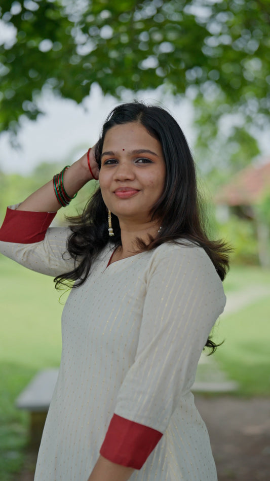 Elegant White Cotton Kurti with Contrast Red Cuffs [KR3]