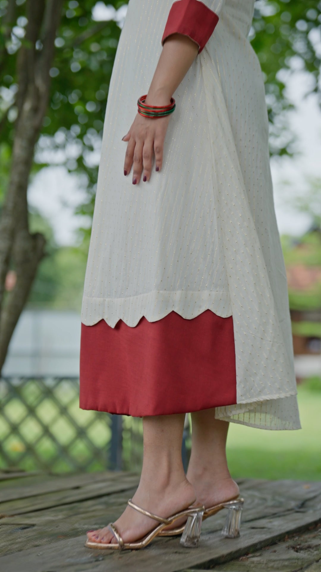 Elegant White Cotton Kurti with Contrast Red Cuffs [KR3]