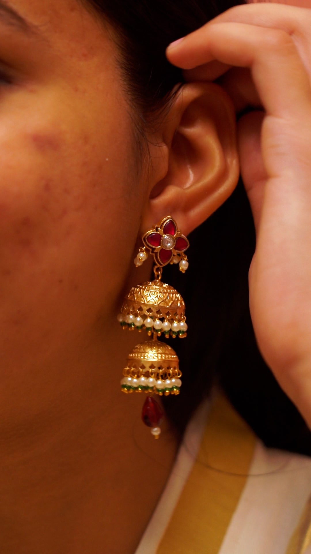 Traditional Antique Gold Dual Layer Jhumka Earrings with Ruby Stones & Pearl Drops[MK013]
