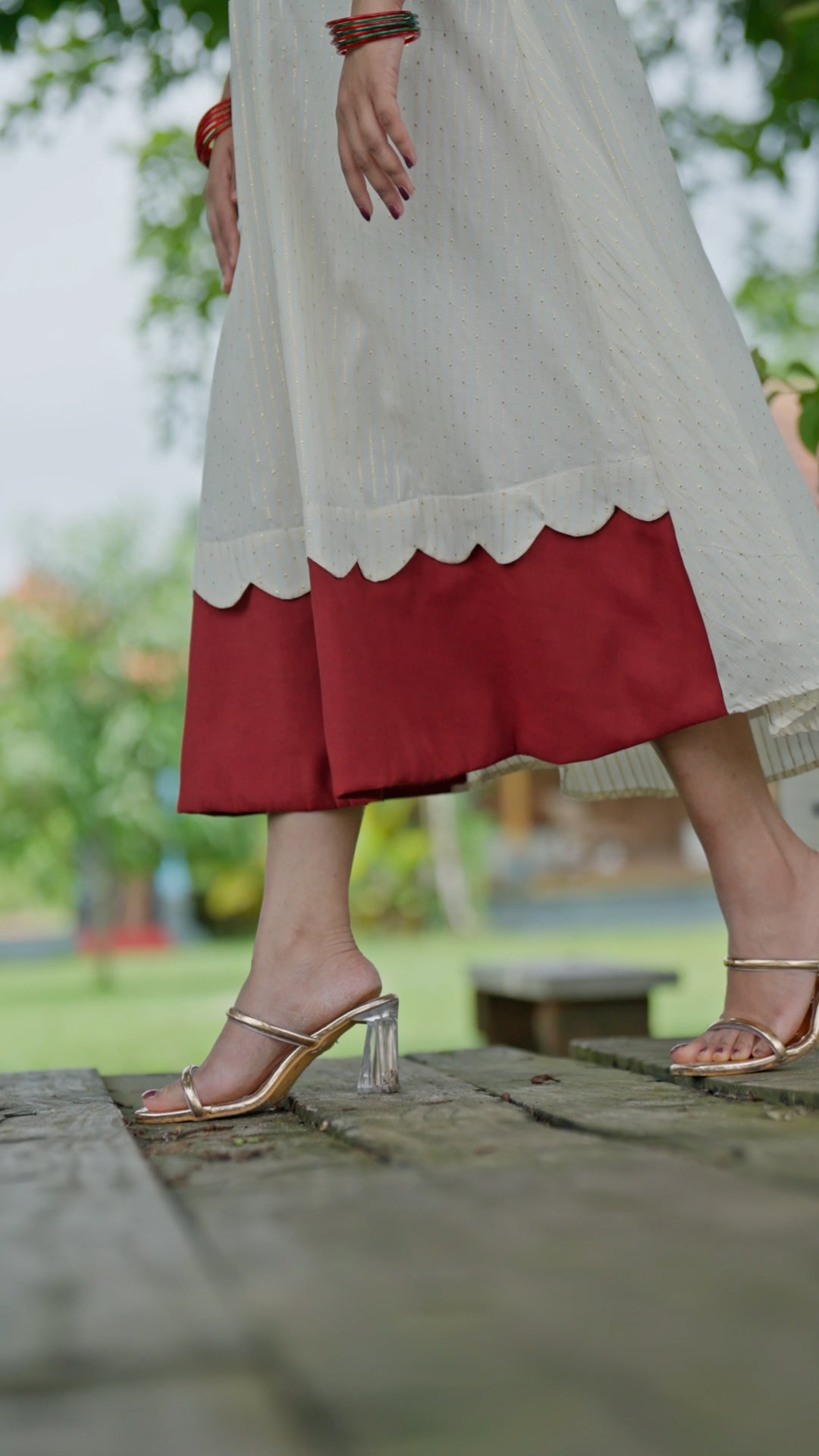 Elegant White Cotton Kurti with Contrast Red Cuffs [KR3]