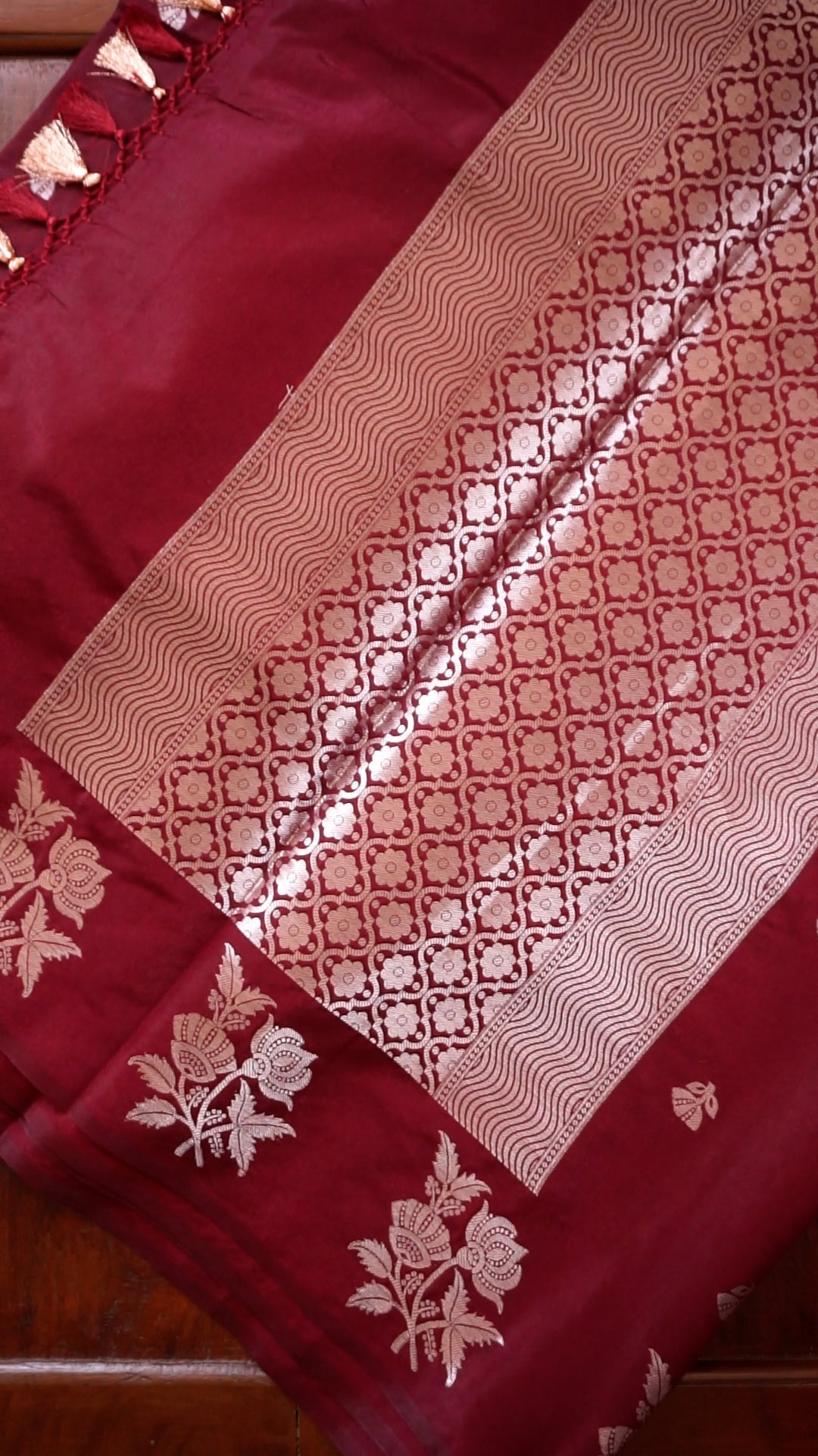 Elegant Maroon Soft Silk Saree with Gold Zari Floral Design [AV13]