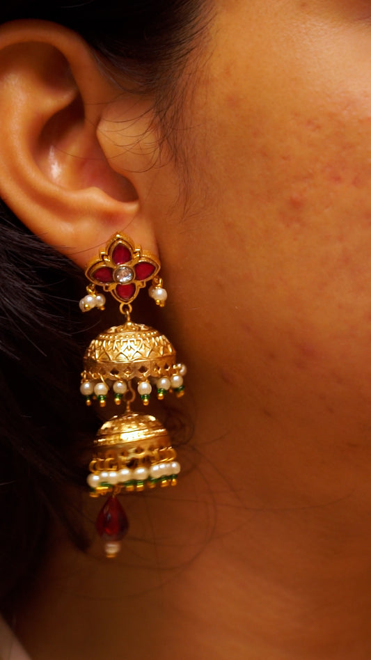 Traditional Antique Gold Dual Layer Jhumka Earrings with Ruby Stones & Pearl Drops[MK013]