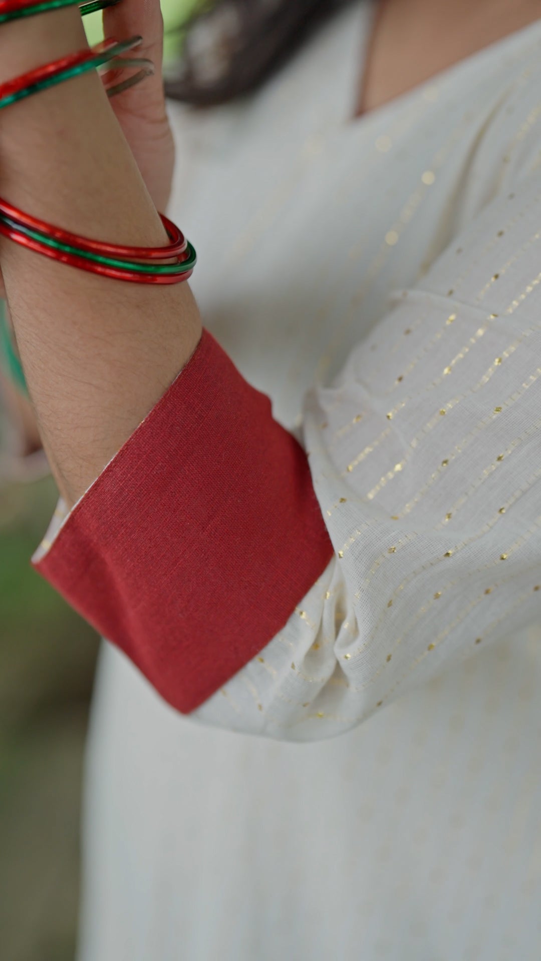 Elegant White Cotton Kurti with Contrast Red Cuffs [KR3]