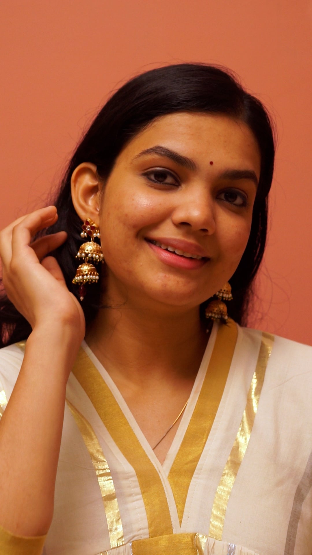 Traditional Antique Gold Dual Layer Jhumka Earrings with Ruby Stones & Pearl Drops[MK013]