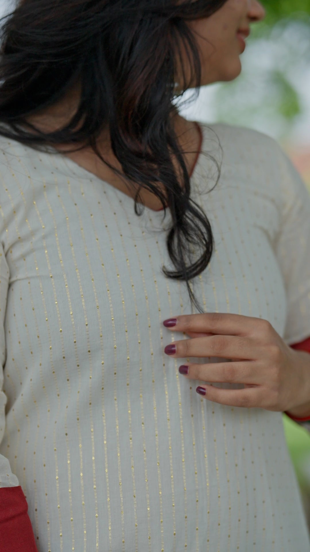 Elegant White Cotton Kurti with Contrast Red Cuffs [KR3]