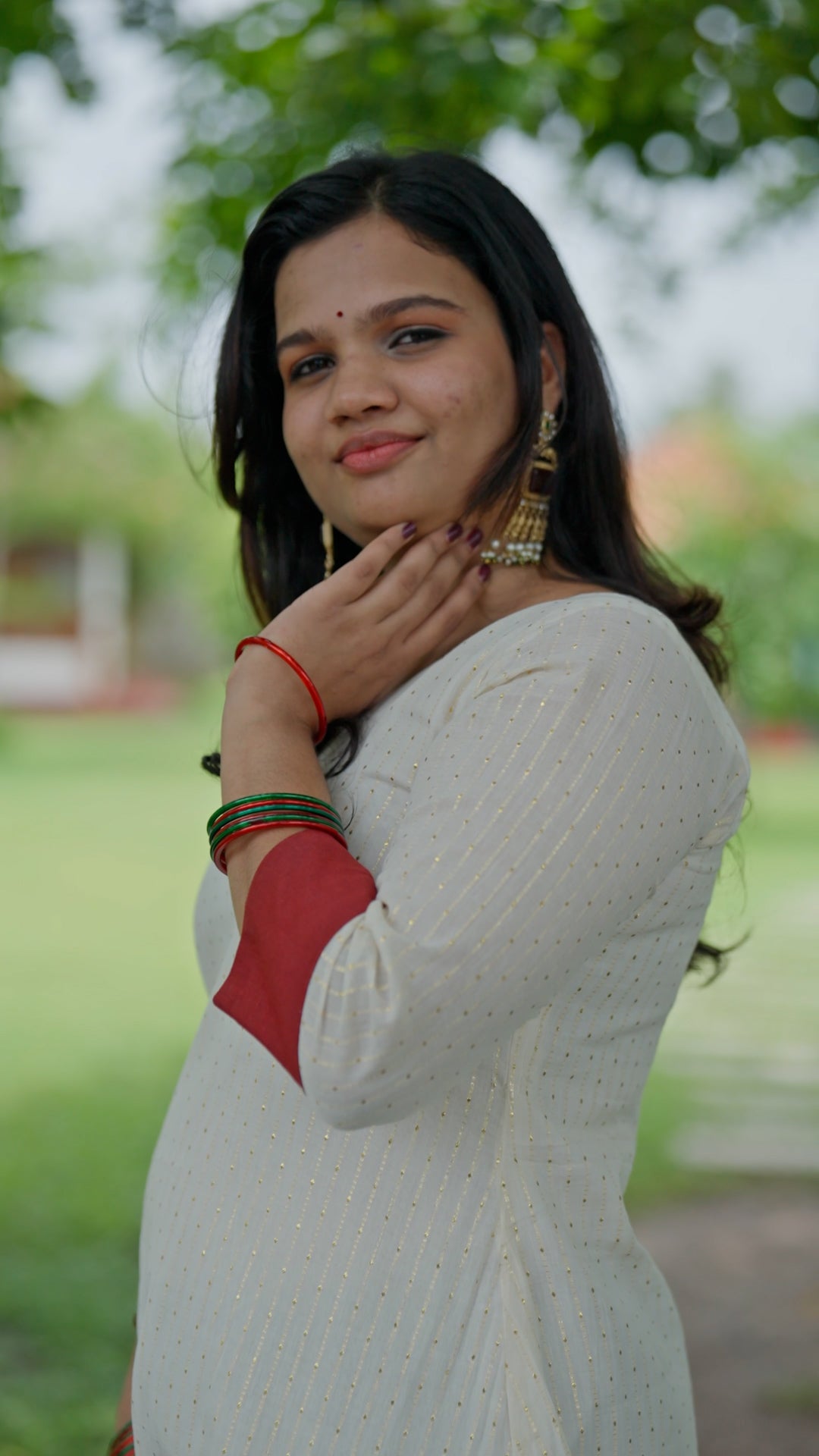 Elegant White Cotton Kurti with Contrast Red Cuffs [KR3]