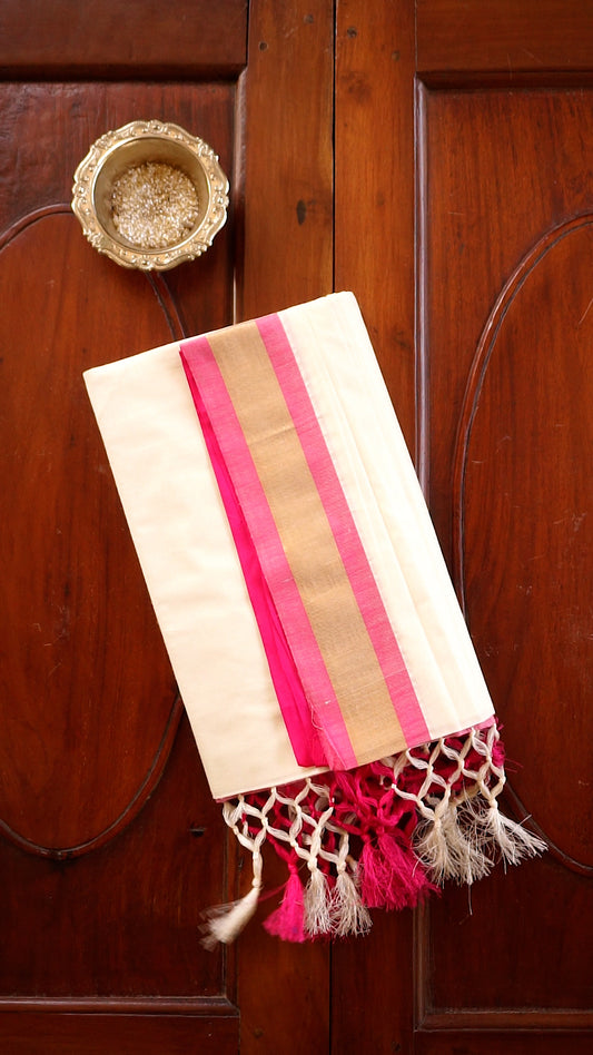 Elegant Kerala Kasavu Saree with Pink Border [SR101]