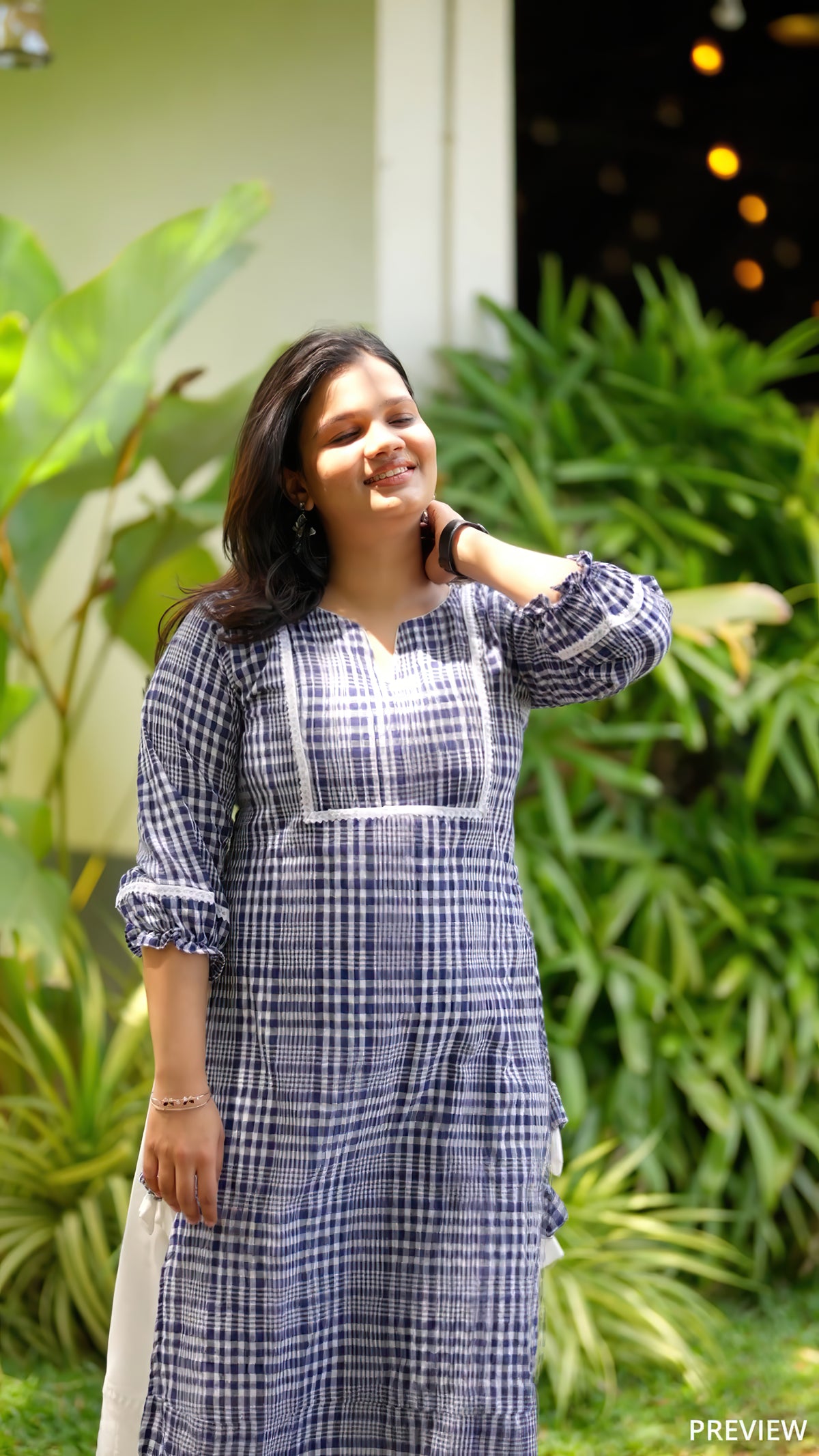 Blue Checked Cotton Kurthi  [BL021]