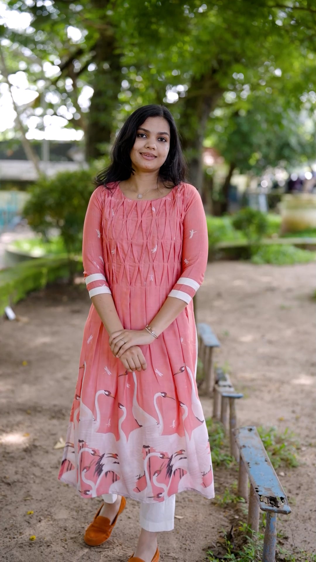 Peach Swan Print Anarkali Kurti Set [ZD07]