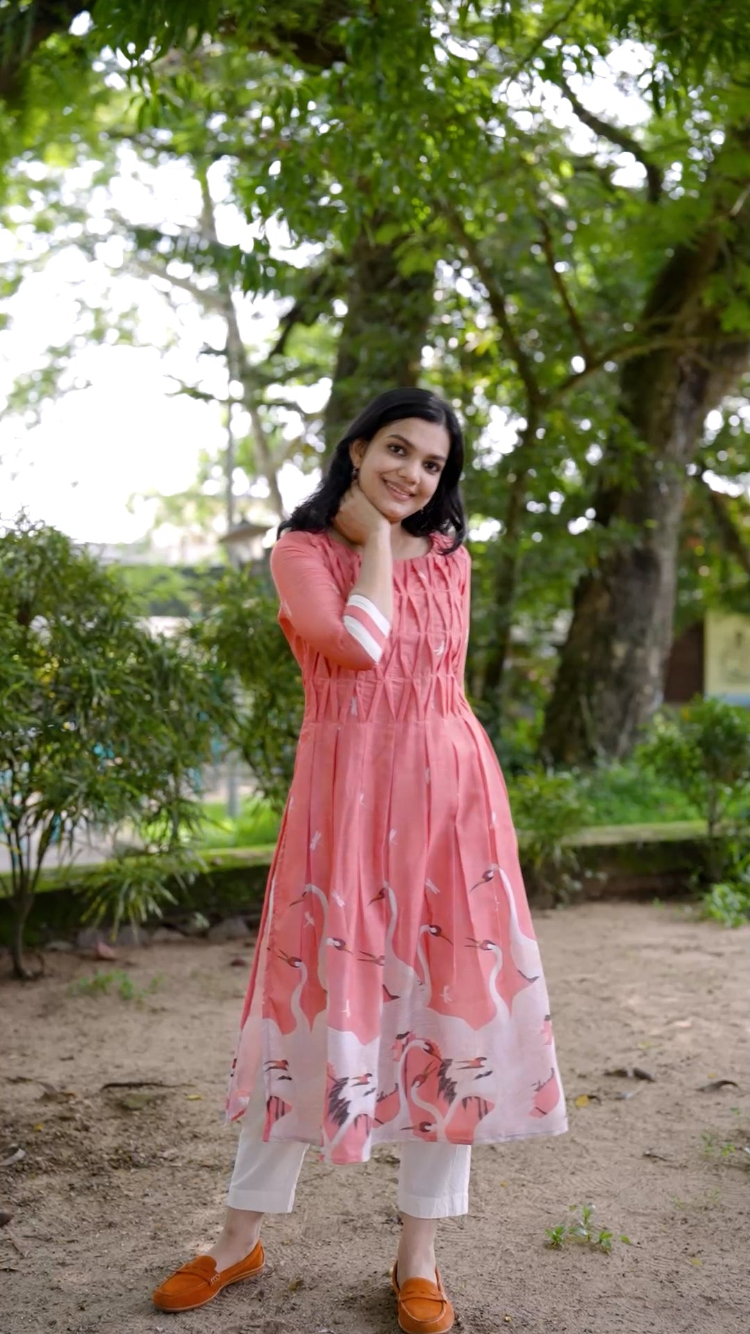 Peach Swan Print Anarkali Kurti Set [ZD07]