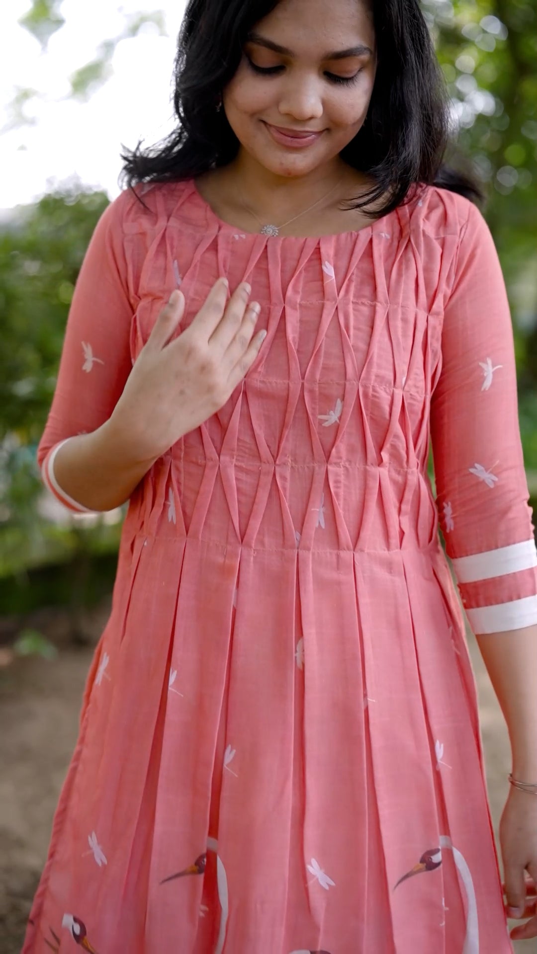 Peach Swan Print Anarkali Kurti Set [ZD07]