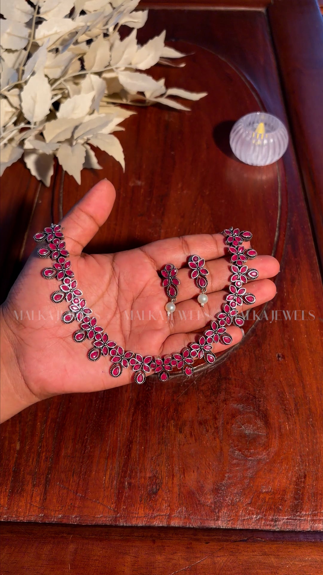 Ruby Floral Oxidised Silver Necklace Set [MK06]