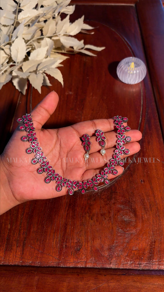 Ruby Floral Oxidised Silver Necklace Set [MK06]