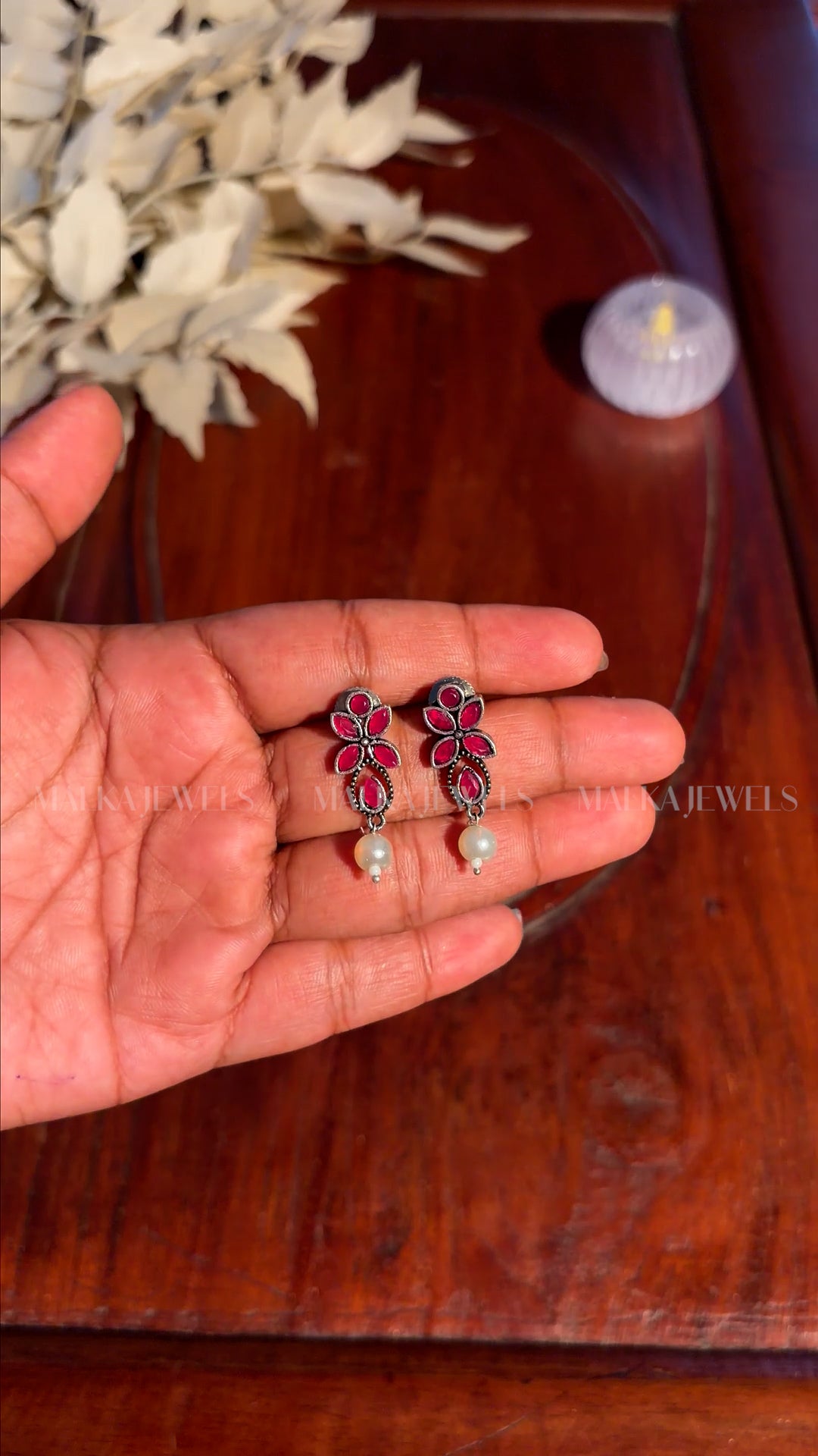 Ruby Floral Oxidised Silver Necklace Set [MK06]
