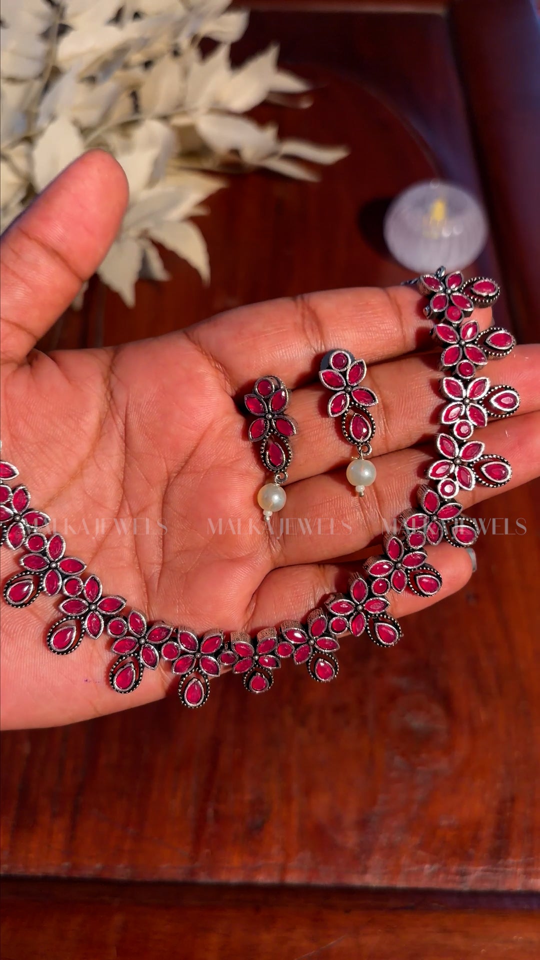 Ruby Floral Oxidised Silver Necklace Set [MK06]
