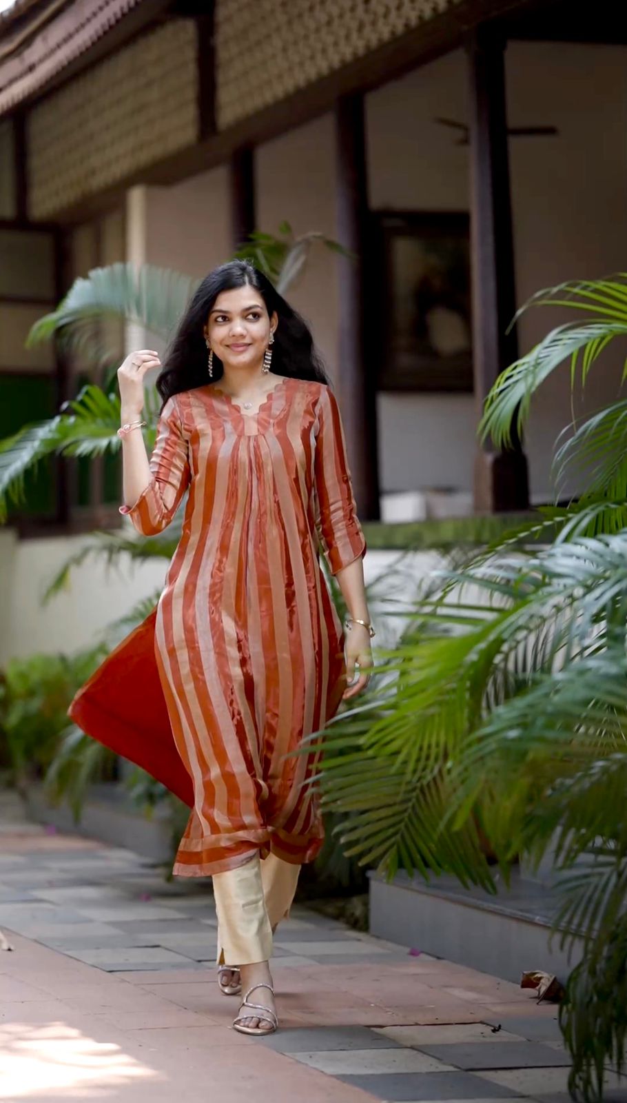 Rust&Ivory Striped Semi Silk Kurti [RB002]