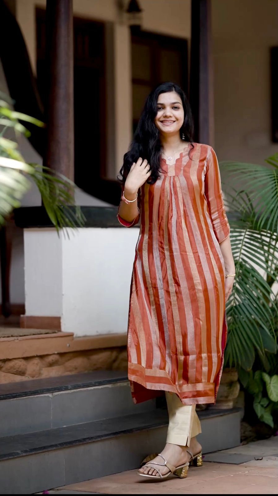 Rust&Ivory Striped Semi Silk Kurti [RB002]
