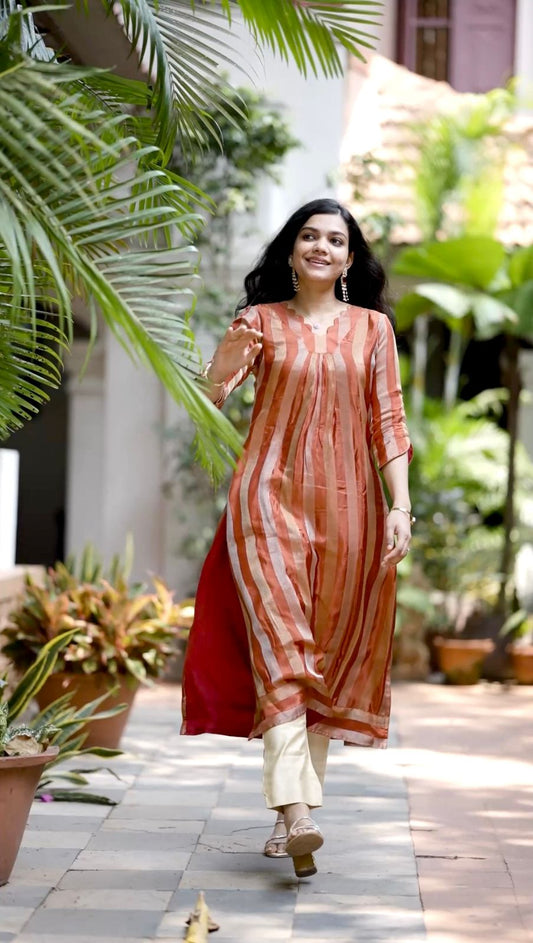 Rust&Ivory Striped Semi Silk Kurti [RB002]