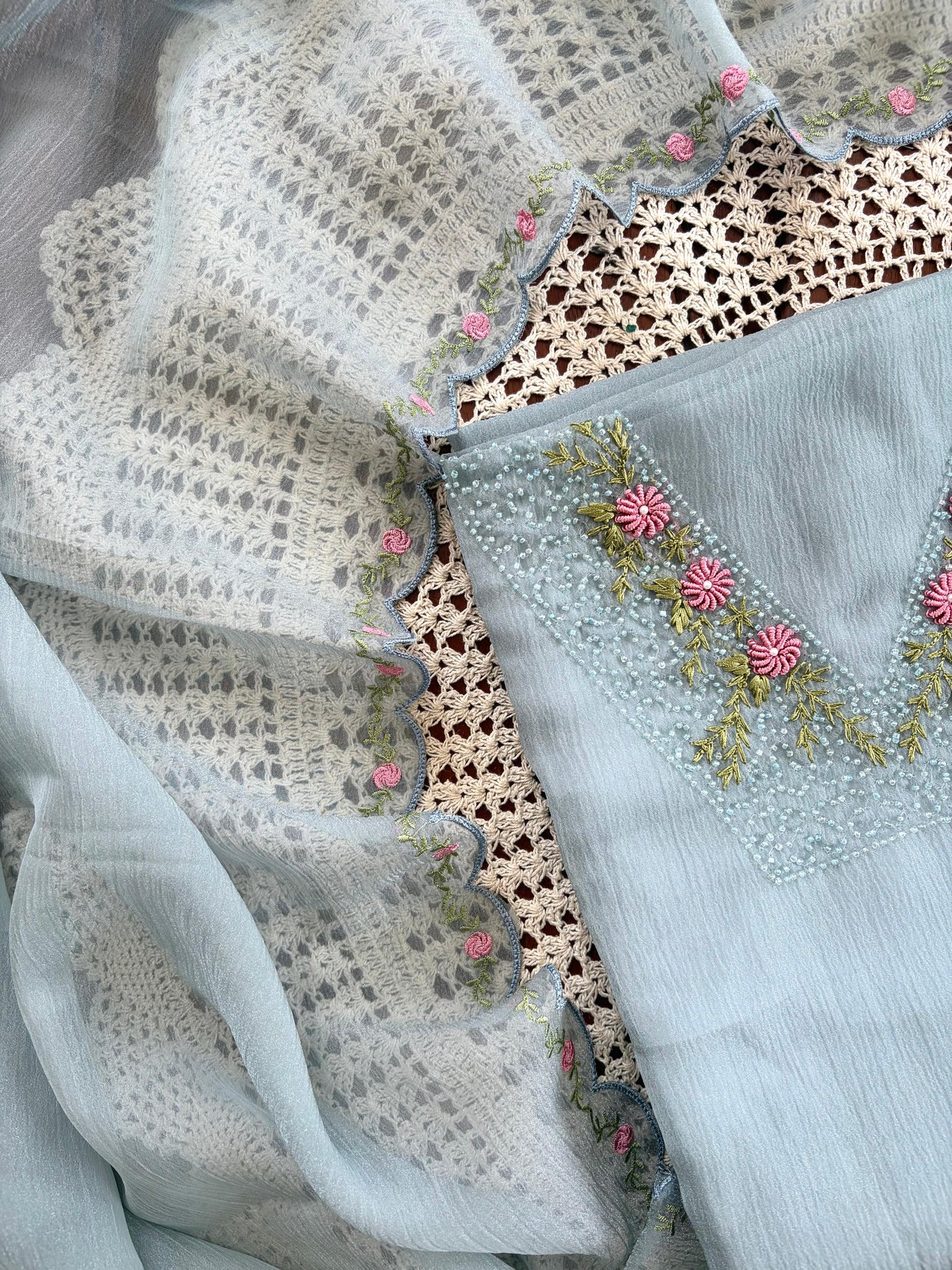 Premium Crushed Organza Unstitched Salwar Set with Floral Embroidery[GUD380]