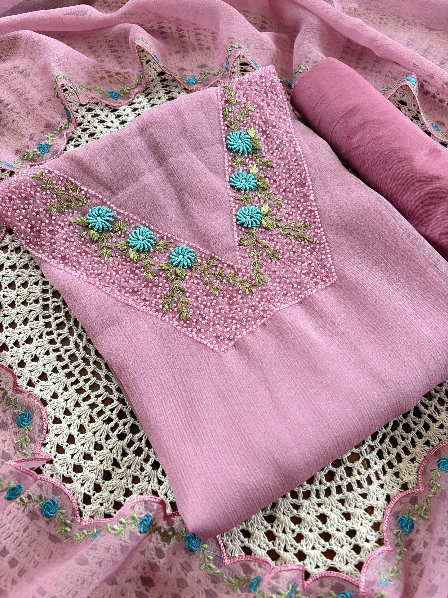 Premium Crushed Organza Unstitched Salwar Set with Floral Embroidery [GUD307]