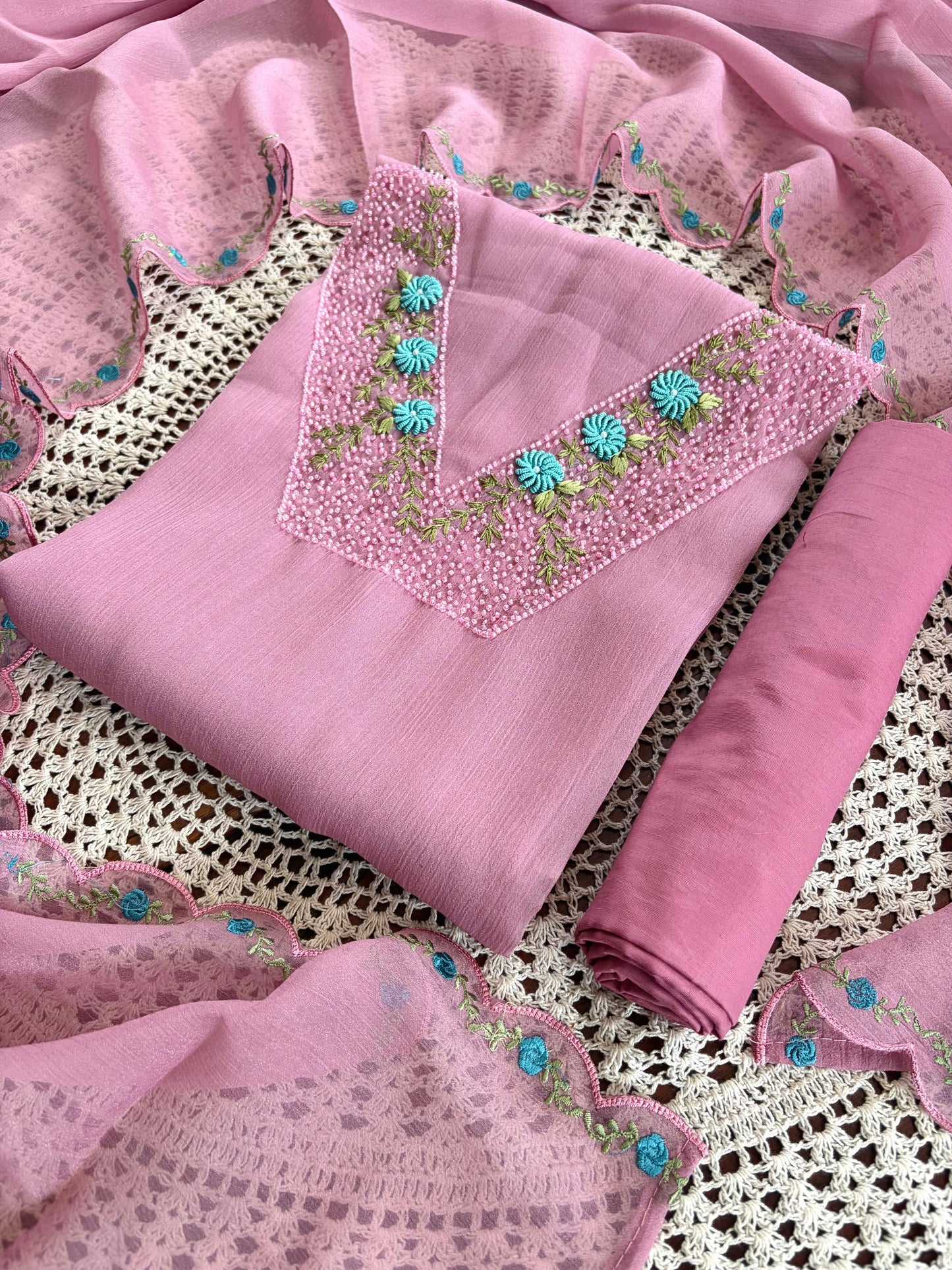 Premium Crushed Organza Unstitched Salwar Set with Floral Embroidery [GUD307]