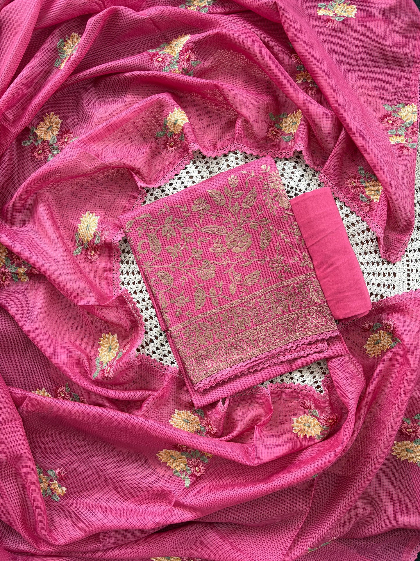 Elegant Net Cotta Unstitched Salwar Set with Floral Design [GUE107]