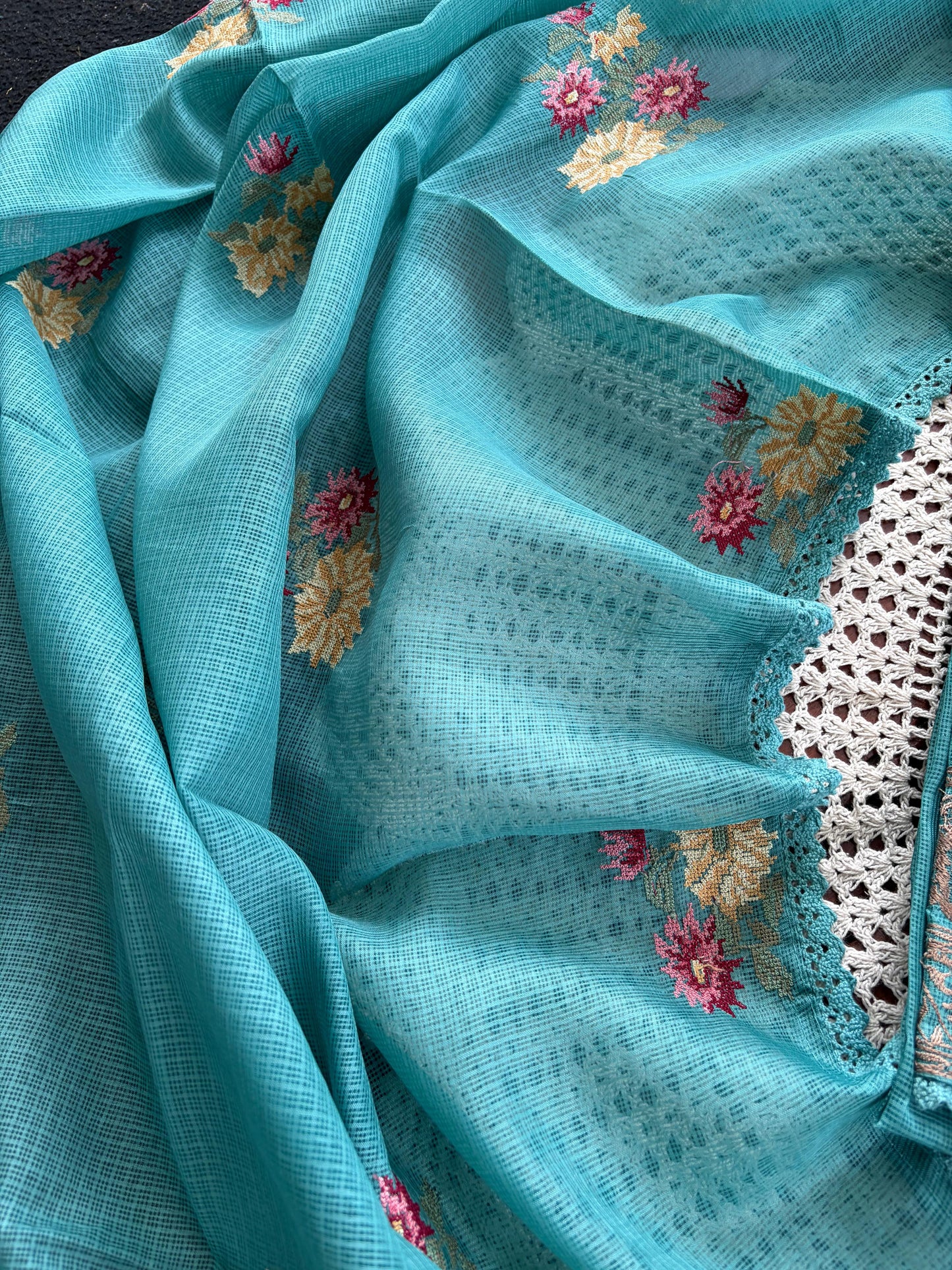 Elegant Net Cotta Unstitched Salwar Set with Floral Design [GUE106]