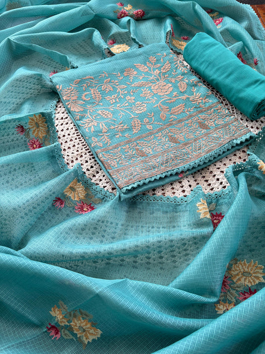 Elegant Net Cotta Unstitched Salwar Set with Floral Design [GUE106]