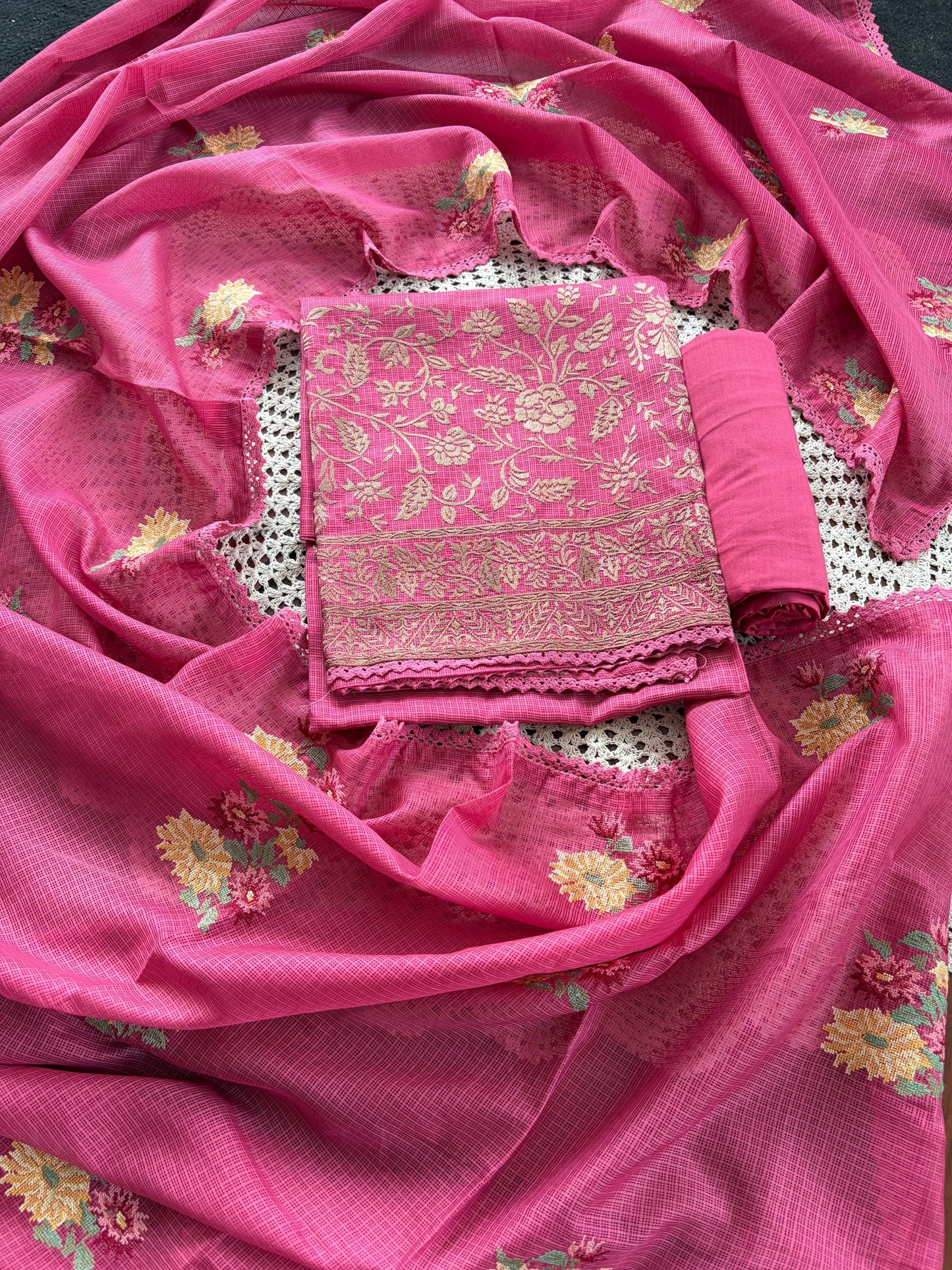 Elegant Net Cotta Unstitched Salwar Set with Floral Design [GUE107]