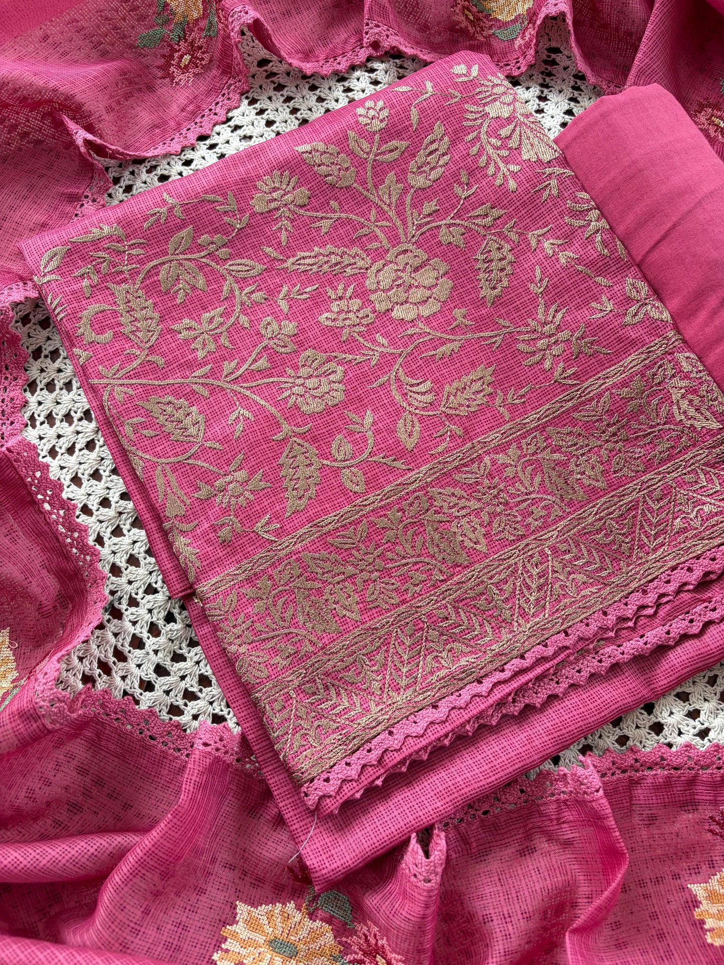 Elegant Net Cotta Unstitched Salwar Set with Floral Design [GUE107]