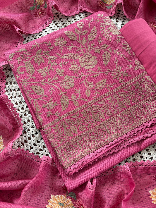 Elegant Net Cotta Unstitched Salwar Set with Floral Design [GUE107]