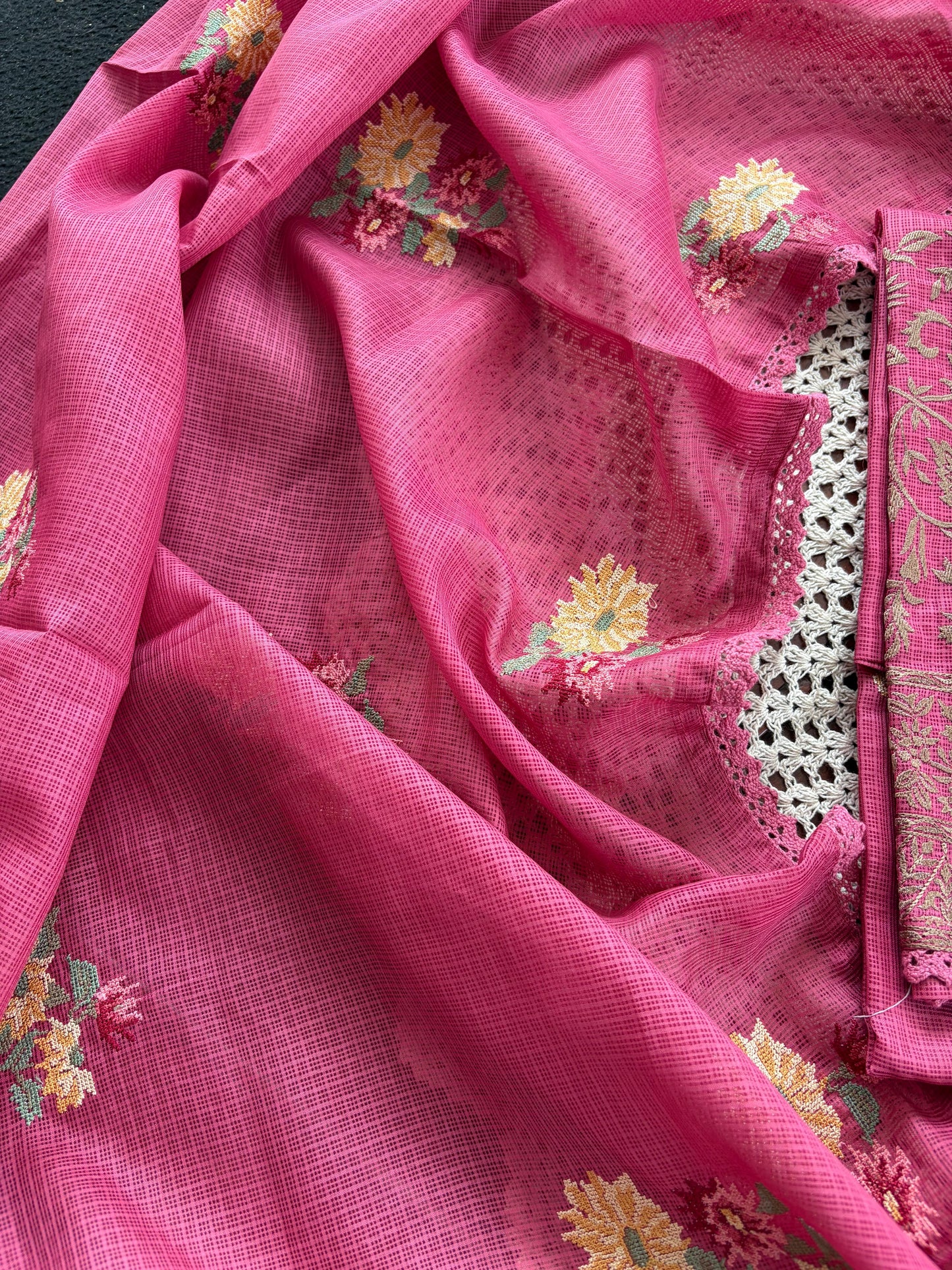 Elegant Net Cotta Unstitched Salwar Set with Floral Design [GUE107]