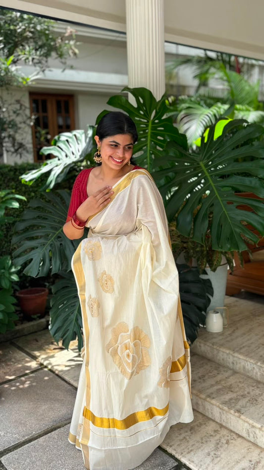Elegant Kerala Kasavu Saree with Floral Zari Motifs [MC65]