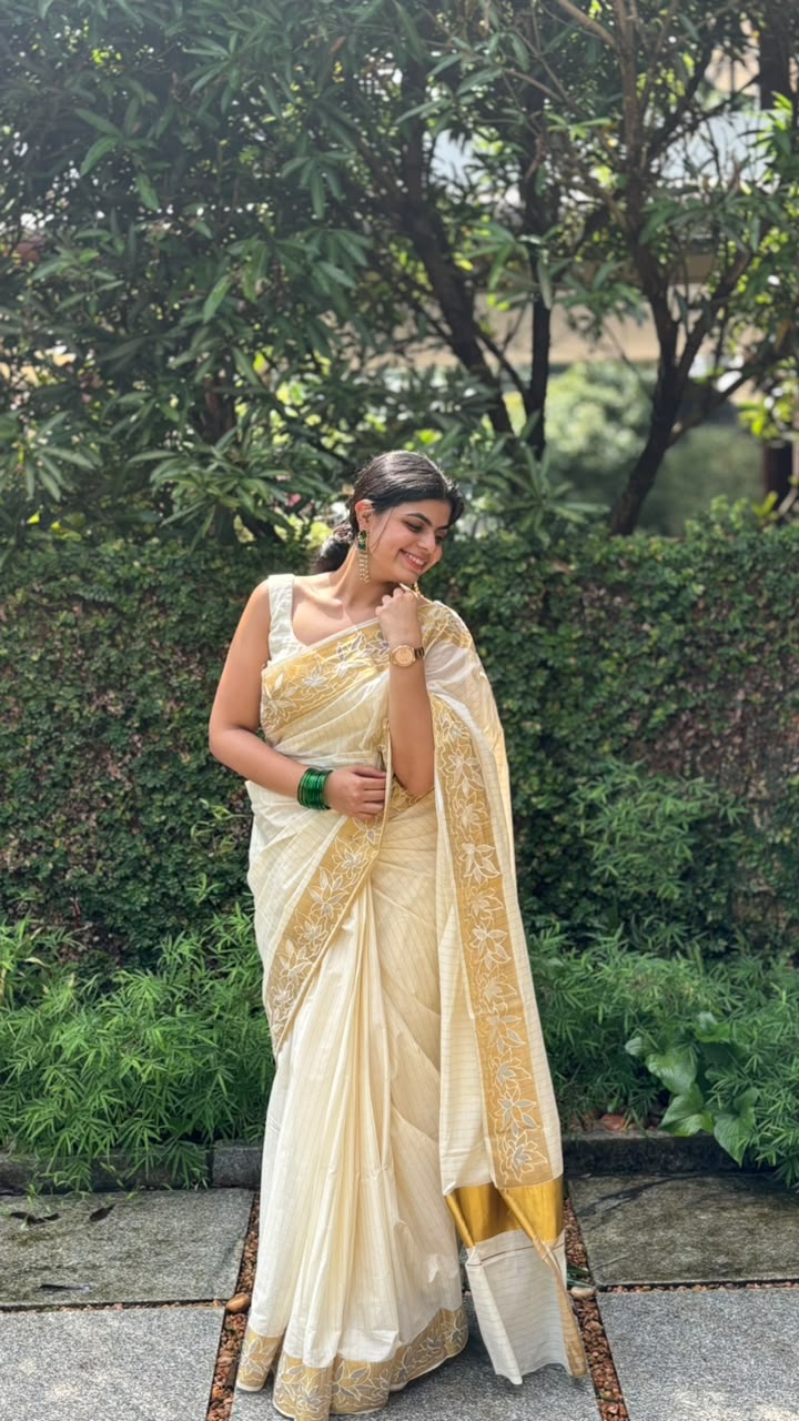 Kerala Kasavu Cotton Saree Cream & Golden Zari Border [MC63]