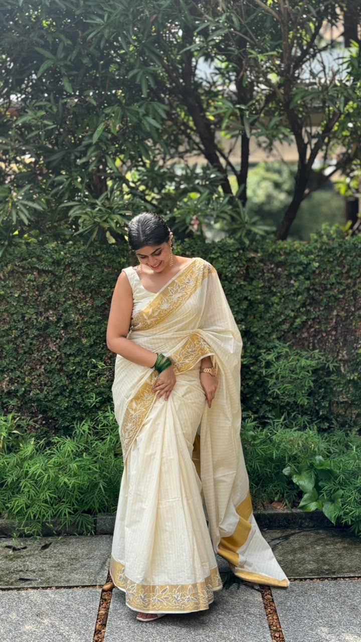 Kerala Kasavu Cotton Saree Cream & Golden Zari Border [MC63]