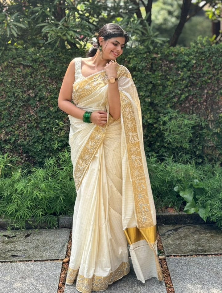 Kerala Kasavu Cotton Saree Cream & Golden Zari Border [MC63]