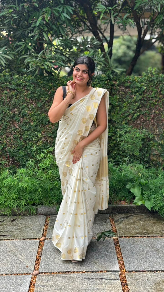 Elegant Kerala Kasavu Saree with Golden Butta Motifs [MC69]
