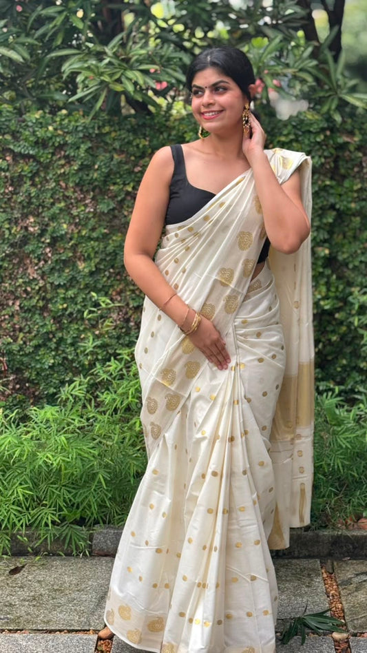 Elegant Kerala Kasavu Saree with Golden Butta Motifs [MC69]