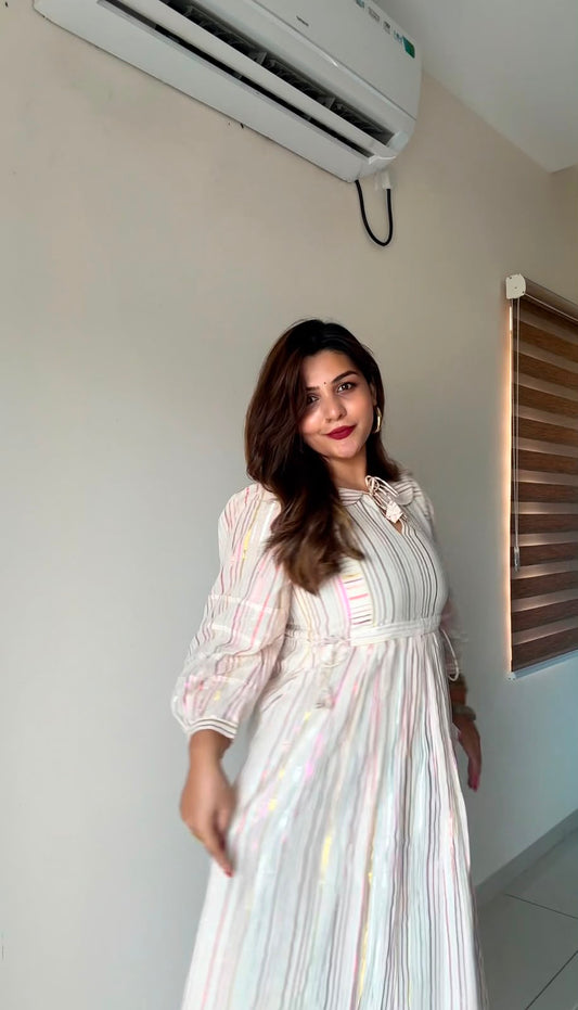 Pastel Stripe Cotton Anarkali Kurthi – Graceful Festive Elegance [RK08]