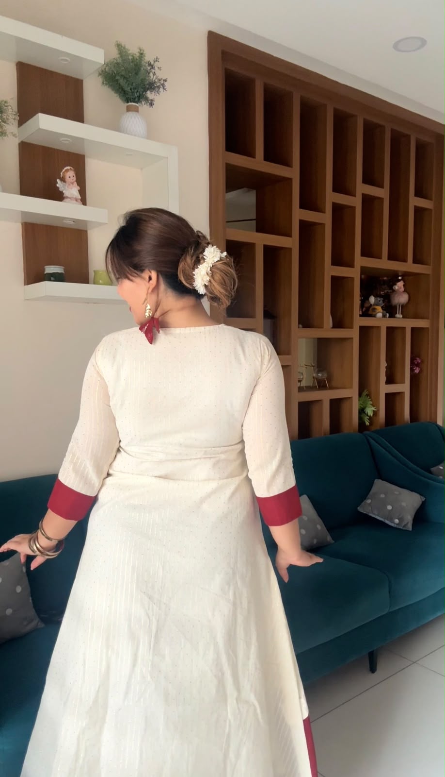 Elegant White Cotton Kurti with Contrast Red Cuffs [KR3]