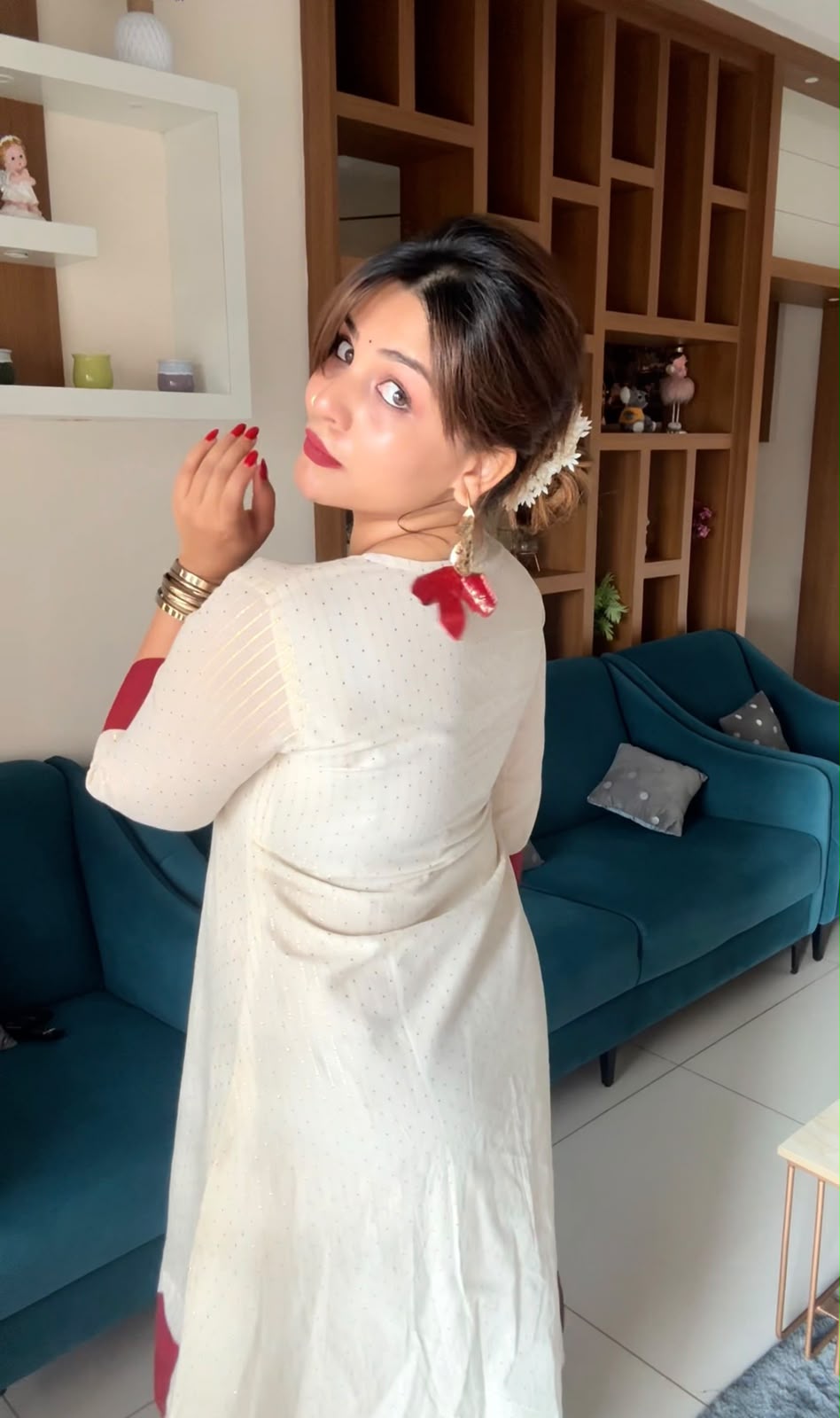 Elegant White Cotton Kurti with Contrast Red Cuffs [KR3]