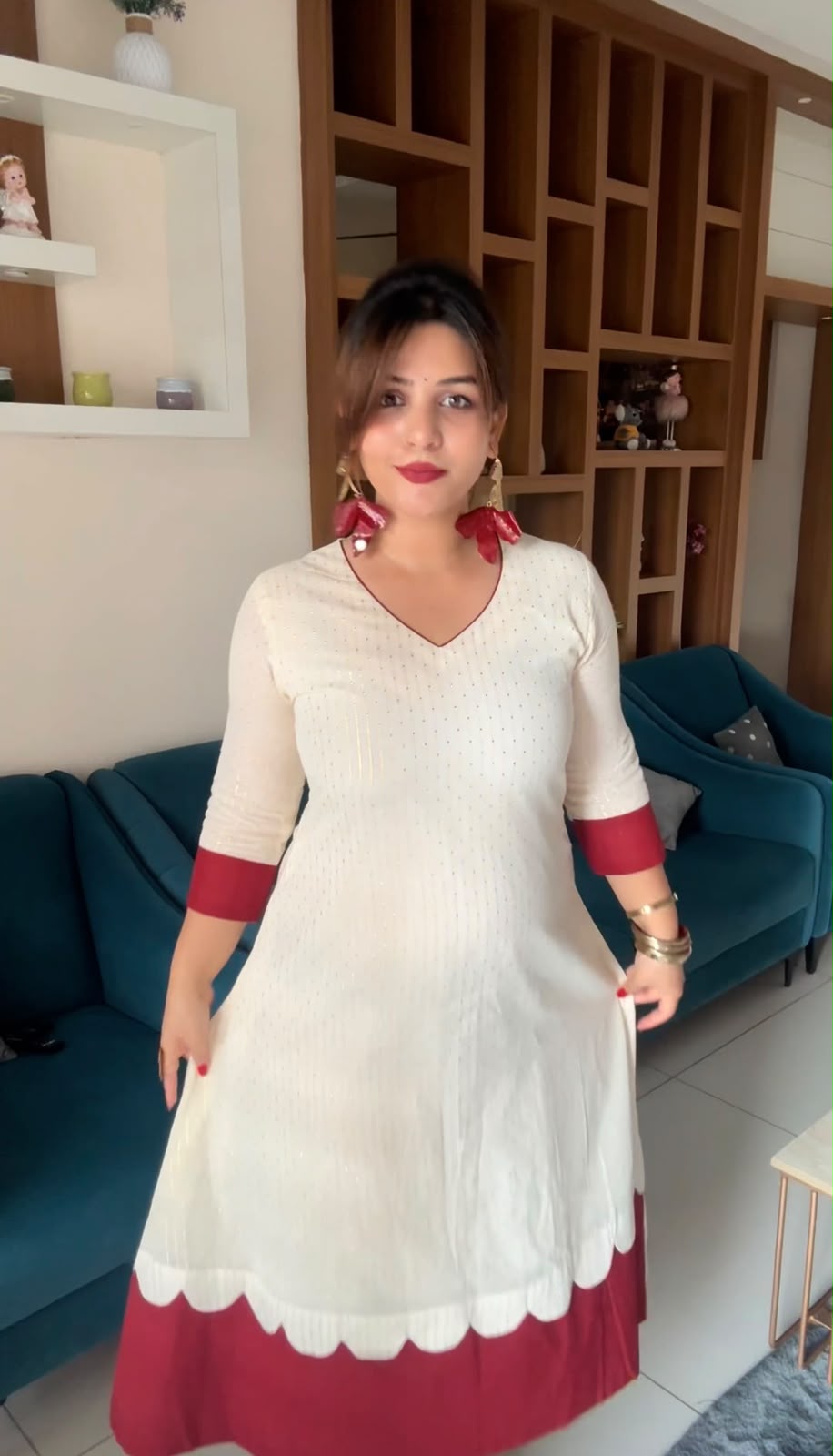 Elegant White Cotton Kurti with Contrast Red Cuffs [KR3]