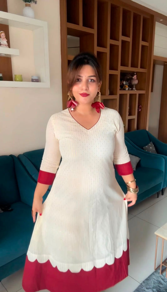 Elegant White Cotton Kurti with Contrast Red Cuffs [KR3]